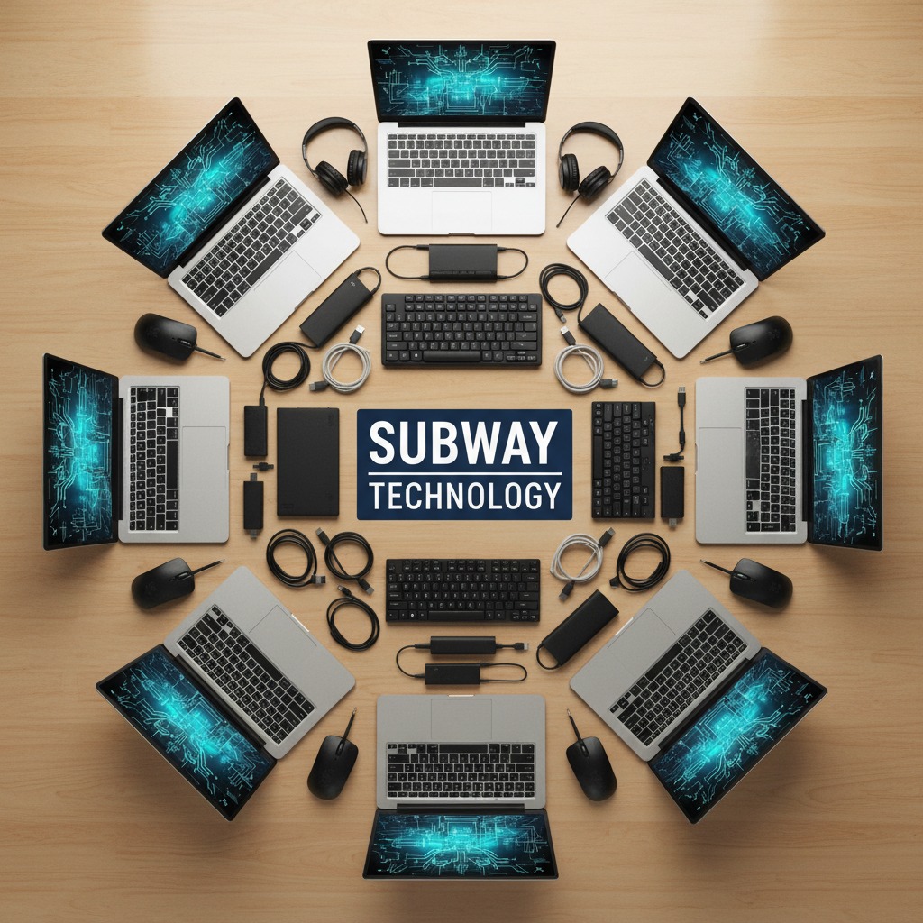 Six laptops with glowing blue circuit board screens are arranged in a circle around a central sign that reads Subway Technology on a wooden desk.