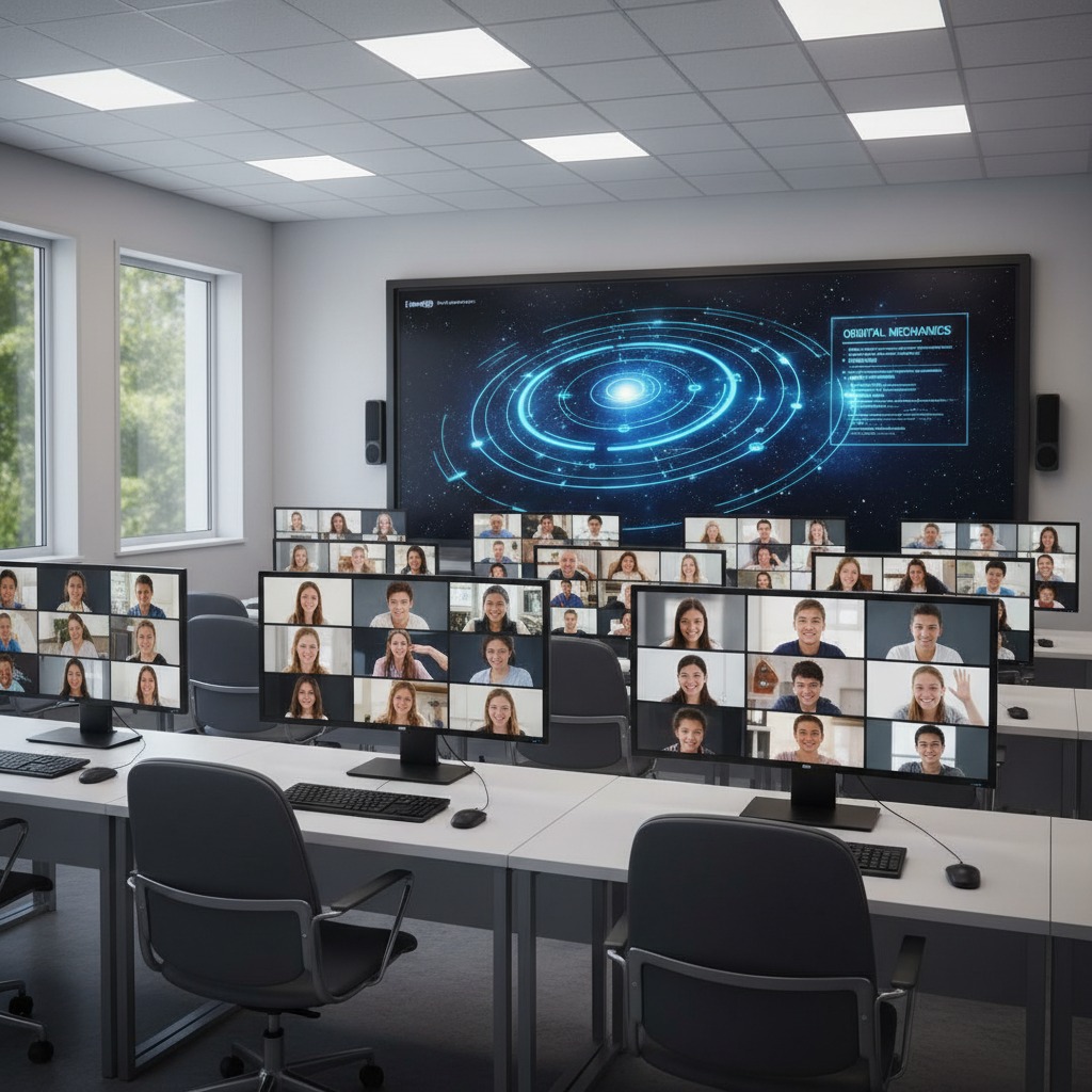 A modern classroom features rows of desks with computer monitors displaying video calls, while a large wall screen shows a digital graphic of orbital mechanics.