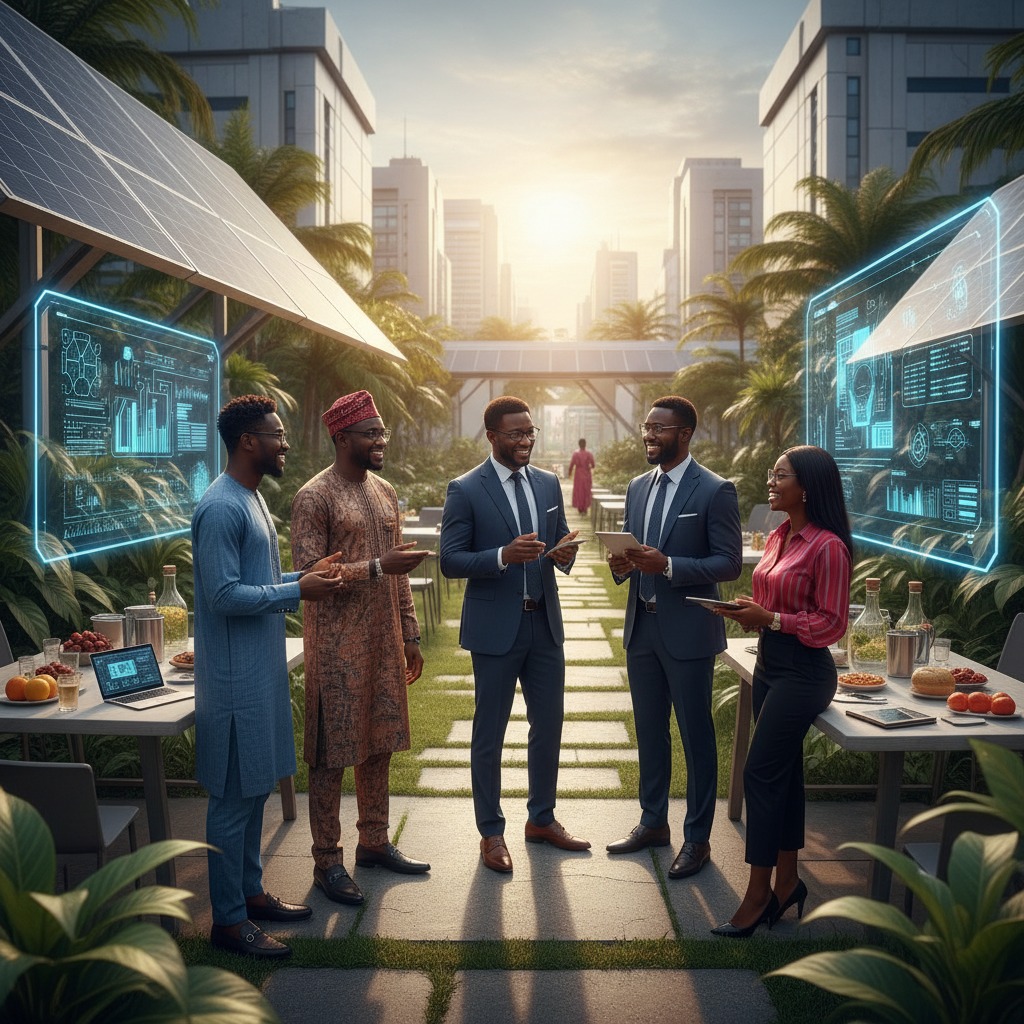 A diverse group of professionals in business attire and traditional clothing discuss data on holographic displays in a sunlit, modern outdoor office space.