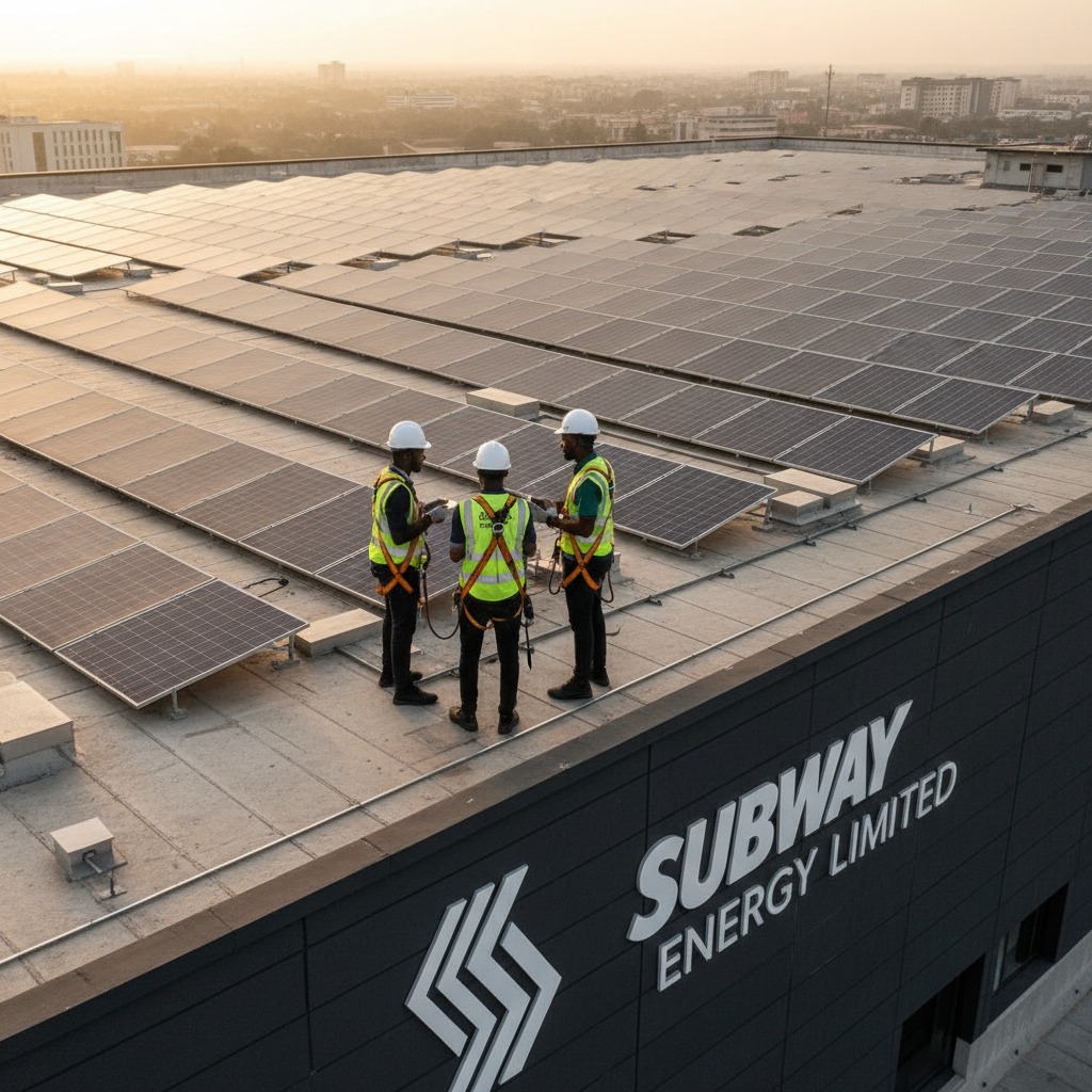 Three technicians in safety gear stand on a rooftop covered in solar panels at a Subway Energy Limited facility.